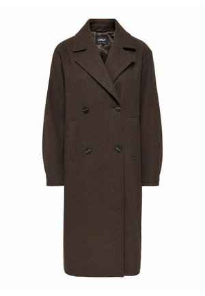 Long manteau en laine marron foncé à double boutonnage avec larges revers et quatre boutons noirs, avec poches latérales et coupe droite.