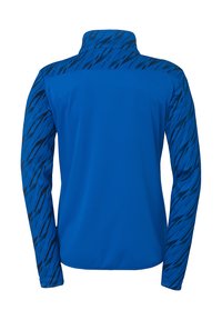 Langærmet træningstop, ensfarvet blå krop med mønstrede sorte detaljer på ærmerne, lavet af et glat, fleksibelt stof, høj krave design.