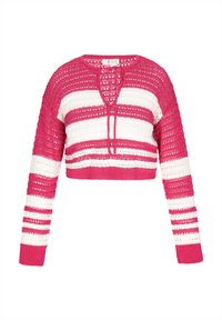 Kortad tröja i stickad tyg, med rosa och vita horisontella ränder, V-hals och långa ärmar med öppet vävdetalj.