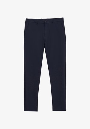 Marineblaue Hose aus glattem Stoff, mit geradem Schnitt, zwei Seitentaschen und einem Knopfverschluss mit Reißverschluss.