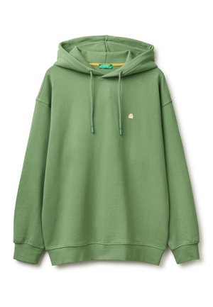 Sudadera verde hecha de un tejido suave, con capucha ajustable, puños acanalados y un pequeño diseño bordado en el pecho.