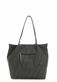 Grande borsa tote grigia con superficie texturizzata, due manici lunghi e una tasca esterna con zip. Design semplice senza accentuazioni di hardware visibili.