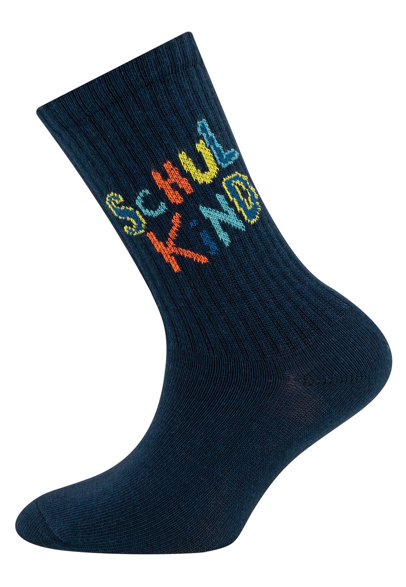 Chaussettes bleu marine en matériau côtelé, arborant le texte multicolore "SCHUL KIND" dans des polices de caractères variées et ludiques. Longueur standard jusqu'aux chevilles.