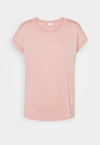 Ljusrosa kortärmad T-shirt med rund halsringning, tillverkad av mjukt tyg. Har uppvikta ärmar och en avslappnad passform. Enkelt mönster.