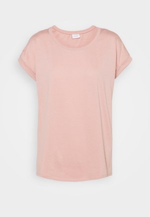 T-shirt rosa chiaro a maniche corte con scollatura rotonda, realizzato in tessuto morbido. Presenta risvolti alle maniche e una vestibilità rilassata. Design semplice.