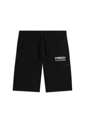 Pantalones cortos deportivos negros con cintura elástica, cordón, bolsillo con cremallera en la pierna derecha y texto blanco "FREDDY TRAINING" en el muslo.