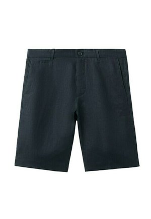 Schwarze, knielange, maßgeschneiderte Shorts mit Gürtelschlaufen, Seitentaschen, Knopfverschluss und glattem Vorderteil.