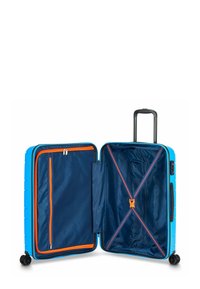 Harde koffer in felblauw met een ritsvak aan de binnenzijde, oranje accenten en een ruime interieur met een kruisband voor veilige verpakking.