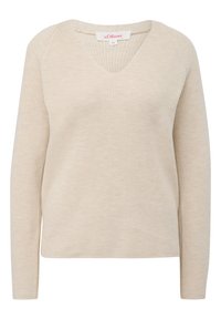 Maglione a costine beige con scollatura a V, maniche lunghe e vestibilità rilassata. Presenta un delicato dettaglio di cucitura lungo il colletto.