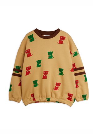 Beige langærmet sweatshirt med brun krave og striber på ærmerne, dekoreret med røde og grønne katteillustrationer med sløjfer.
