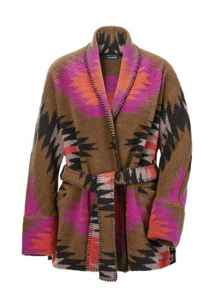 Die braun gemusterte Strickjacke zeichnet sich durch lebendige Designs in Pink, Orange und Schwarz aus. Lange Ärmel, offene Vorderseite und ein passender Gürtel runden den Look ab.