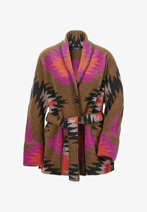 Die braun gemusterte Strickjacke zeichnet sich durch lebendige Designs in Pink, Orange und Schwarz aus. Lange Ärmel, offene Vorderseite und ein passender Gürtel runden den Look ab.