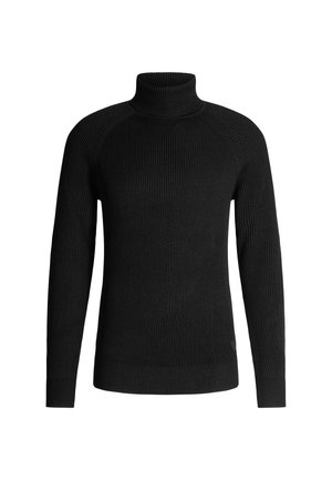 Schwarzer, gerippter Rollkragenpullover mit langen Ärmeln, mit einem figurbetonten Design und strukturiertem Stoff. Keine sichtbaren Muster oder Akzente.