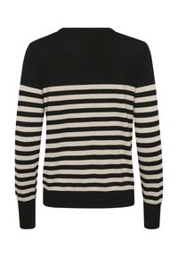Pull à rayures noir et crème avec des manches longues. Présente un col et des poignets côtelés, et une texture lisse. Rayures horizontales au dos.