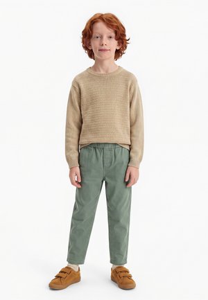 Enfant aux cheveux roux portant un pull beige, un pantalon vert et des chaussures marron à scratch, debout sur un fond blanc.