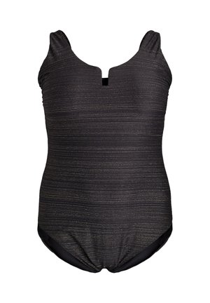 Black one-piece swimsuit with subtle horizontal metallic stripes and a small front V-notch neckline.