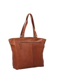 Borsa tote in pelle marrone con doppie tracolle, dotata di una tasca con zip sul fronte e un design semplice e rettangolare.
