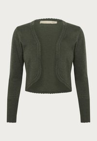 Grön stickad cardigan med en kortad design, vågiga kanter, långa ärmar och öppen frontstil. Mjuk textur, lätt material.