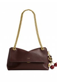 Dark brown leather shoulder bag with gold chain strap and cherry-shaped gold and red charm attached to side.