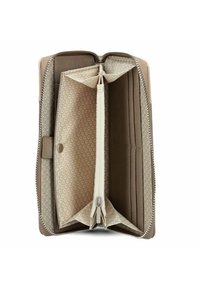 Portafoglio marrone con cerniera, interno in tessuto con motivo a pois. Visibili più scomparti e una tasca centrale con zip.