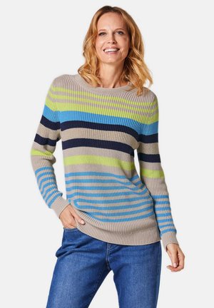 Pull en maille rayé beige, vert, bleu et marine. Présente un col rond, des manches longues et un ourlet côtelé, offrant un aspect texturé.