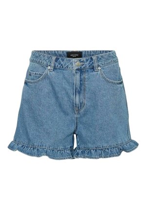Hellblaue Jeansshorts mit Knopf- und Reißverschluss, Vordertaschen, Gürtelschlaufen und gerafftem Saum.