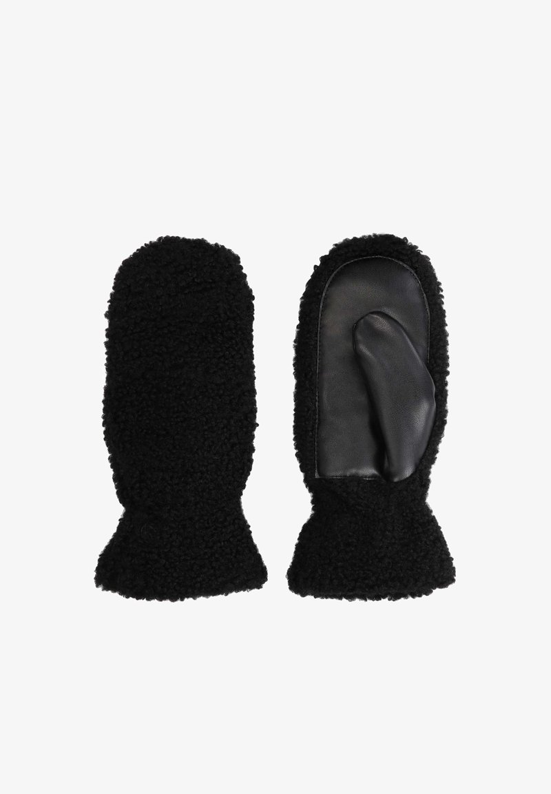 Črne mittens rokavice z mehkobno, teksturirano zunanjostjo in gladkim usnjenim dlanom. Manšeta je tesno prilega in obsuchana s krznom za dodatno toploto.
