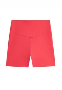 High-waisted, solid red athletic shorts with a V-shaped waistband seam on a white background.