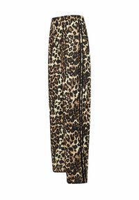 Pantalons à large jambe en imprimé léopard de couleur beige, marron et noir, en tissu à texture lisse avec un détail de fermeture éclair sur le côté.