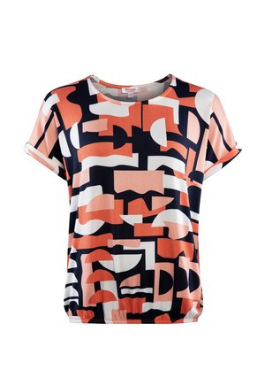 Damenbluse mit kurzen Ärmeln und elastischem Saum, mit einem abstrakten geometrischen Muster in Schwarz, Weiß, Pfirsich und Korallenfarben.