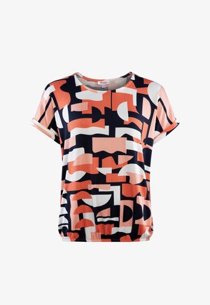 Damenbluse mit kurzen Ärmeln und elastischem Saum, mit einem abstrakten geometrischen Muster in Schwarz, Weiß, Pfirsich und Korallenfarben.