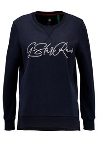 Felpa blu navy in misto cotone, con maniche lunghe, collo a giro e un logo ricamato bianco sul petto con cuciture testurizzate.