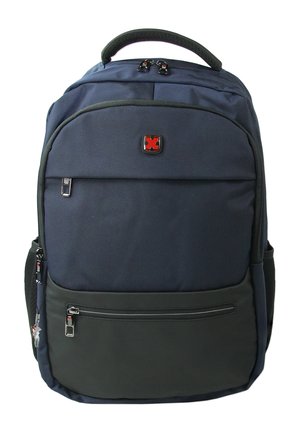 Marine- en zwarte stoffen rugzak met dubbele zip-compartimenten, een handvat aan de bovenkant, zijvakken en een rode logo-accent aan de voorkant.