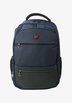 Marine- en zwarte stoffen rugzak met dubbele zip-compartimenten, een handvat aan de bovenkant, zijvakken en een rode logo-accent aan de voorkant.