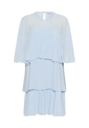 Hellblaues, gestuftes Kleid mit lockeren, kurzen Ärmeln und Rundhalsausschnitt mit kleinem Schlüsselloch-Knopfverschluss auf der Rückseite.