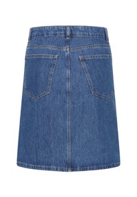 Jeans-A-Linien-Rock in einem hellblauen Farbton. Verfügt über einen dicken Bund, zwei Gesäßtaschen und sichtbare Nähte entlang des Saums und der Nähte.