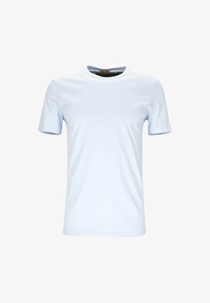 Lyseblå bomulds t-shirt med rund halsudskæring, korte ærmer og en glat tekstur uden mønstre eller detaljer.