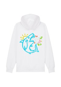 Felpa bianca con cappuccio caratterizzata da un colorato design di uno squalo ricamato con contorni blu, un sole e accenti floreali sulla bocca.