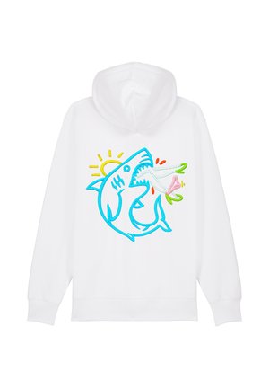 Felpa bianca con cappuccio caratterizzata da un colorato design di uno squalo ricamato con contorni blu, un sole e accenti floreali sulla bocca.