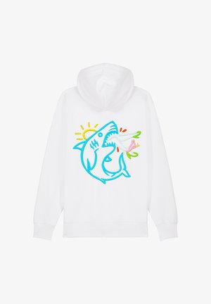 Hoodie blanche avec un design de requin brodé coloré, des contours bleus, un soleil et des accents floraux au niveau de la bouche.