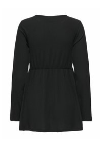 Black long-sleeve top with a round neckline, featuring a fitted waist and flared hem. Fabric has a ribbed texture.