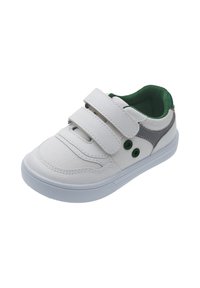 Weißer Sneaker mit zwei Klettverschlüssen, grünem Netzfutter, grauen Akzenten und einer strukturierten Gummisohle mit kreisförmigem Profil.