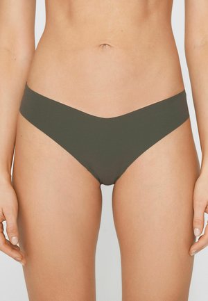 Slip bikini verde oliva scuro con design a vita bassa e bordi senza cuciture, realizzato in tessuto elastico liscio.