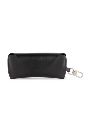 Black leather glasses case with a curved design, featuring a silver clip for attachment. Smooth texture with embossed branding.