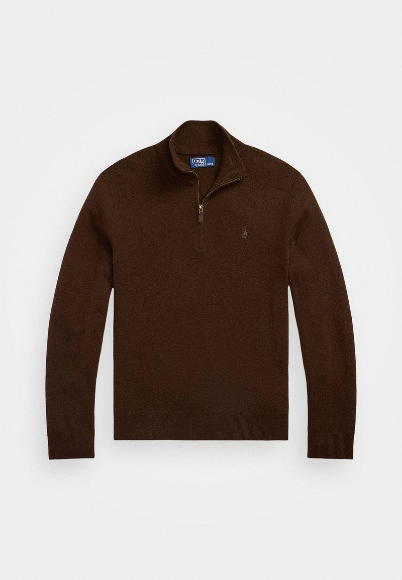 Jersey marrón con cuello alto, media cremallera y puños acanalados. Hecho de un suave tejido de punto, presenta un pequeño logo en el pecho.