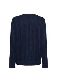 Navy blue knitted sweater featuring a cable pattern, ribbed hem, and cuffs, with a standard round neckline and long sleeves.
