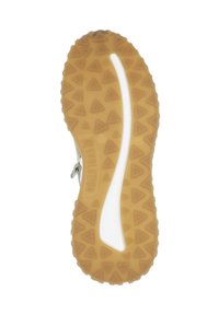 Semelle en caoutchouc avec un motif de relief texturé en triangle. Couleur brun clair avec des accents et un logo blancs. Forme incurvée pour une meilleure adhérence.