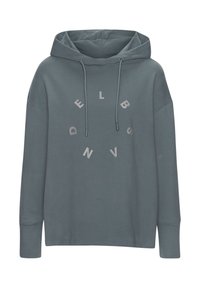 Felpa grigia con una vestibilità rilassata, caratterizzata da un cappuccio con cordoncino e un motivo circolare di testo in grigio chiaro. Tessuto morbido e testurizzato.