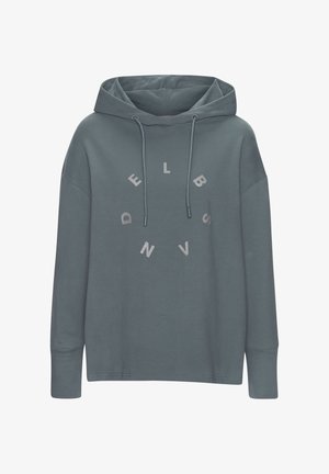 Gray hoodie with a relaxed fit, featuring a drawstring hood and circular text pattern in light gray. Soft textured fabric.