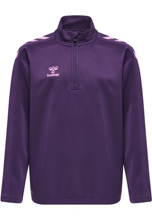 Paars sweatshirt van zacht, sportief materiaal met een halve rits hals. Kenmerkt roze chevronstrepen op de mouwen en een klein logo op de borst.